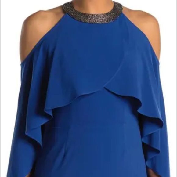 NWT HALSTON Royal Blue Beaded Collared Cold Shoulder Sleeve Draped Mini Dress - Picture 4 of 13